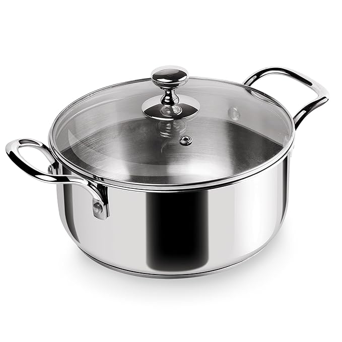 Triply Stainless-Steel Sandwich Bottom Casserole Handi/Stock Pot/Biryani Pot with Glass Lid 26 cm