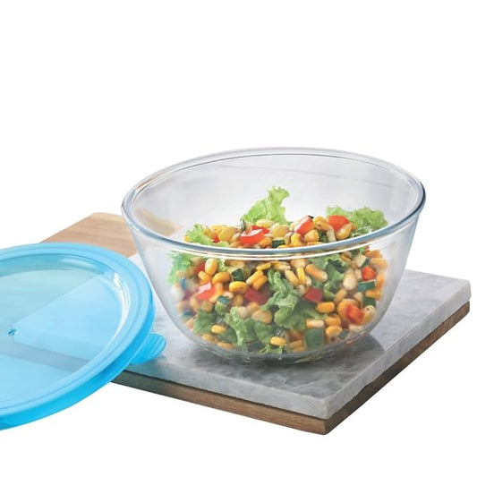 Glass Mixing & Serving Bowl With Blue Lid, Oven & Microwave Safe Bowl, 500 ml, Borosilicate Glass