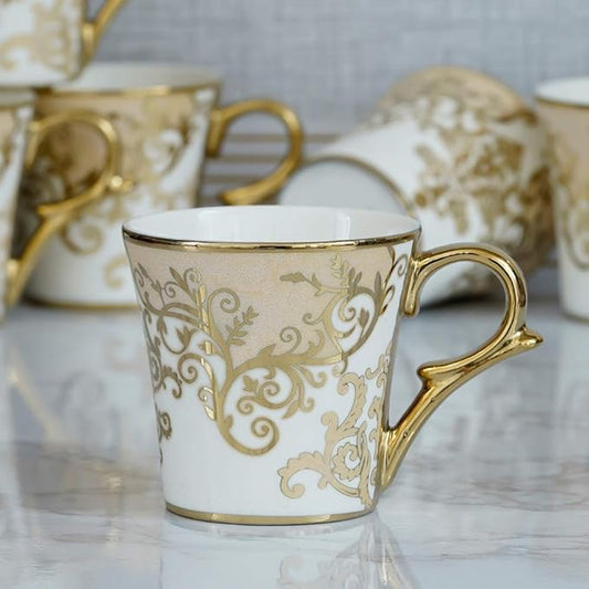 Premium Floral Gold Line Ceramic Coffee & Tea Cup Set of 6