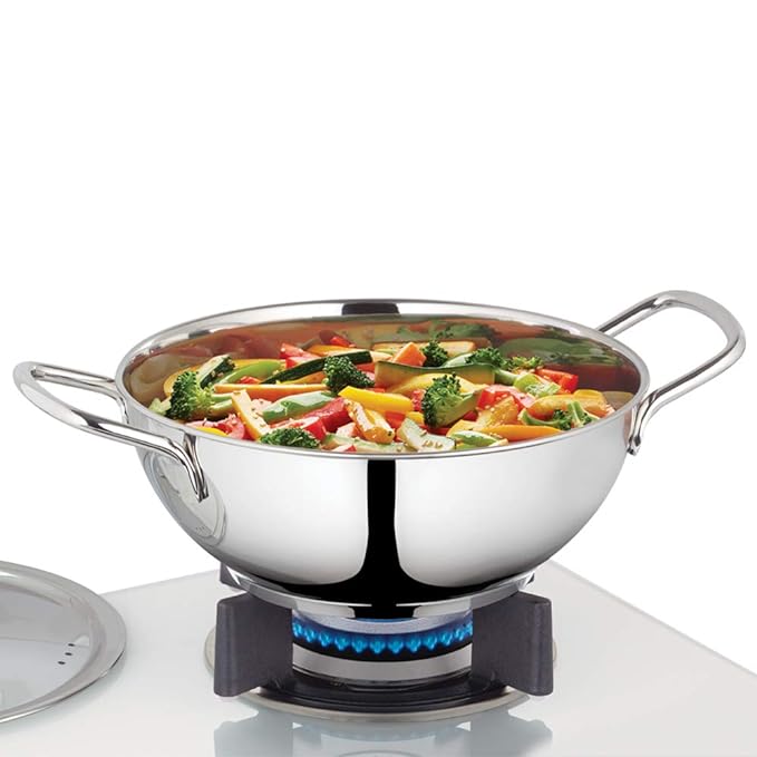 Stainless Steel Deep Kadhai With Lid, Impact Bonded Tri-ply Bottom, 2.8 L, 24 cm, Silver