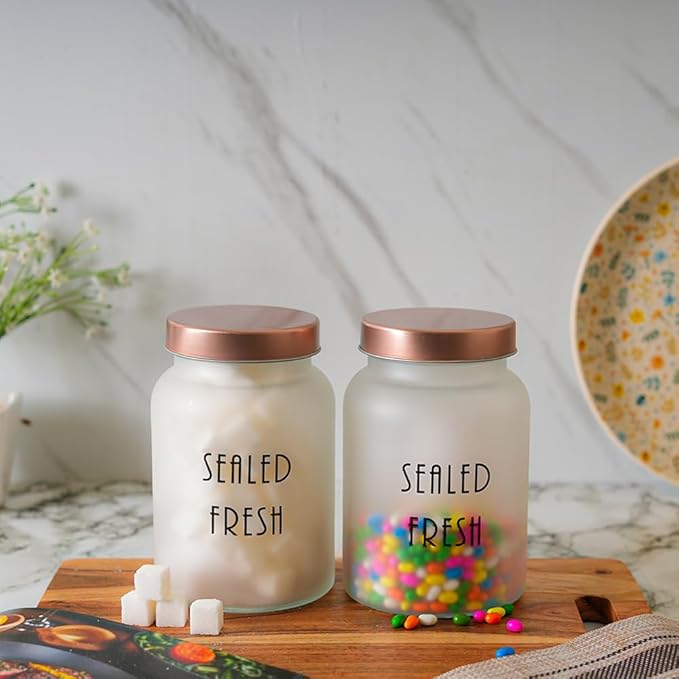 Kitchen Storage Jars Frosted Glass Jar With Steel Lid Air Tight Jar, 1000 ml, Pack of 6, Golden Lid