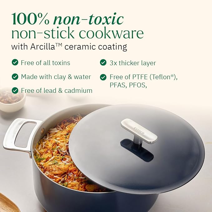 Ember Cookware Arcilla Ceramic Non Stick Dutch Oven 24cm | Metallic Lid | Stainless Steel Handles | Non Toxic Biryani Po