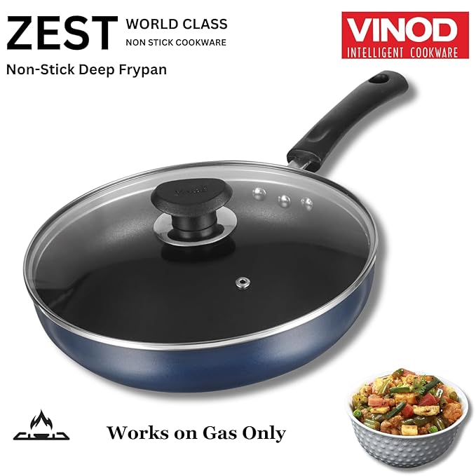 Aluminium Non Stick Deep Frypan with Glass Lid - 22 cm, 3 Layer Ceramic Coating, 3 mm Extra Thick
