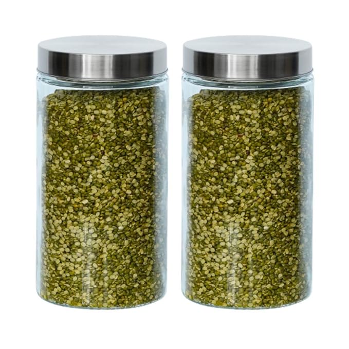 Kitchen Storage Jars Borosilicate Glass With Steel Lid Air Tight Kitchen Jar and Container, 1600 ml - Pack of 2