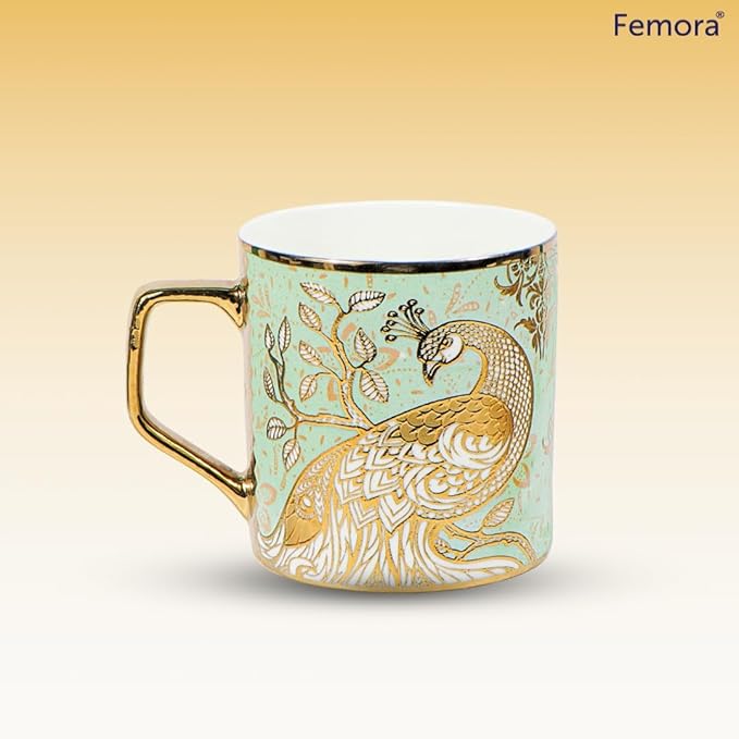 Premium Peacock Motif with Leaves Pattern Ceramic Coffee & Tea Cup Set of 6 Each