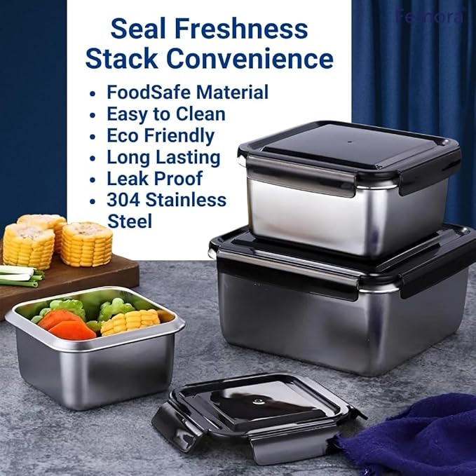 High Steel Square Container Airtight Leakproof Unbreakable Storage Container/ Lunch Box, 850 ml, Set of 2