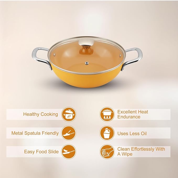 Forged Ceramic Non-stick Kadai With Glass Lid & Tubular Ss Handle, Mustard Yellow, 240 mm, 2.5 L