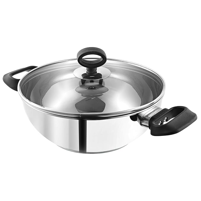 Stainless Steel Deluxe Kadhai with Glass Lid - 2.8 L, 24 cm, Extra Thick, SAS Bottom, Soft Handle
