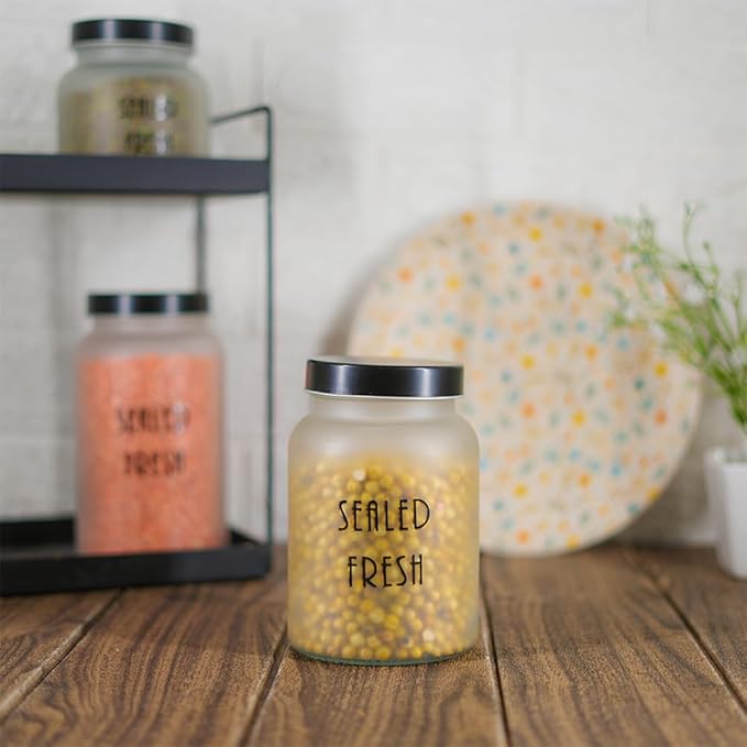 Kitchen Storage Jars Frosted Glass Jar With Steel Lid Air Tight Jar, 1500 ml, Pack of 4, Black Lid