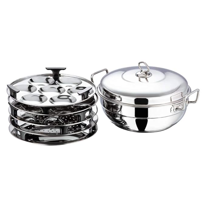 Stainless Steel Multi Kadai with 5 Plates - 26 cm, 2 Idli, 2 Dhokla/Momos and 1 Patra Plates