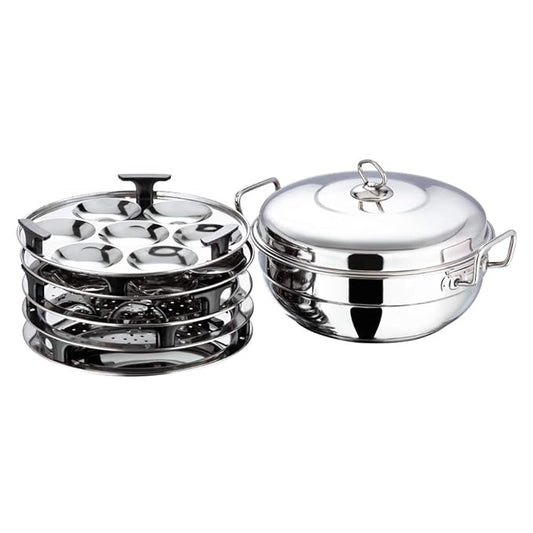 Stainless Steel Multi Kadai with 5 Plates - 26 cm, 2 Idli, 2 Dhokla/Momos and 1 Patra Plates