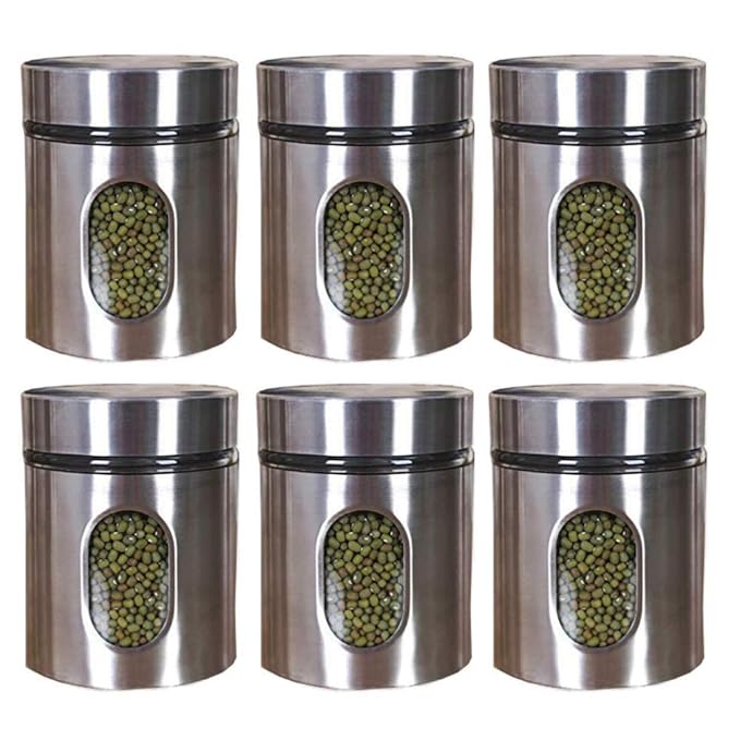Kitchen Storage Jars Steel Body With See Through Window Jar, 700 ml, Pack of 6