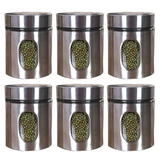 Kitchen Storage Jars Steel Body With See Through Window Jar, 700 ml, Pack of 6