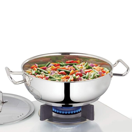 Stainless Steel Kadhai With Lid, Induction Friendly, Impact Bonded Tri-ply Bottom, 2.8 L, 24 cm