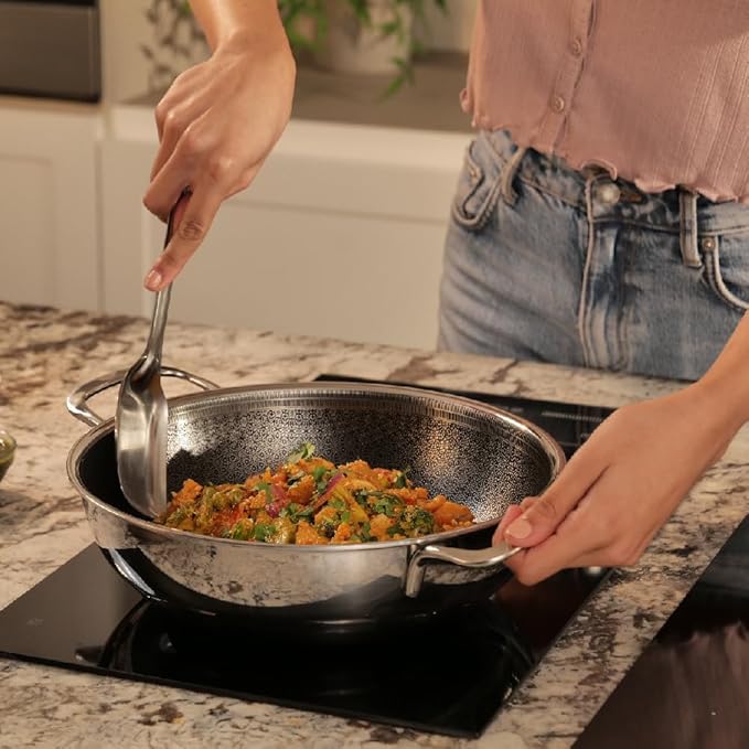 Triply Stainless Steel Kadhai With Lid, Non Stick Kadai, Gas & Induction Base, 26 cm, 3.2 L, Silver