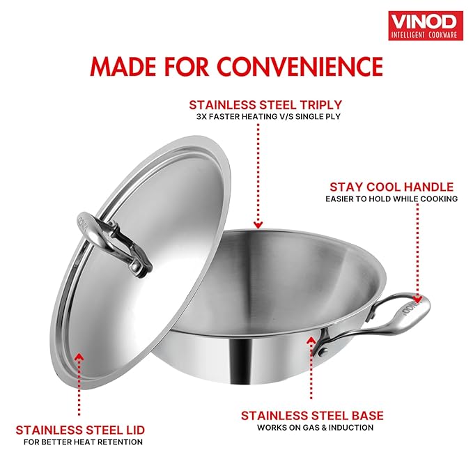 Triply Stainless Steel Cookware Kadai With Lid, 3.2 L, 26 cm, 2.5 mm Thick, 3 Layer Kadhai
