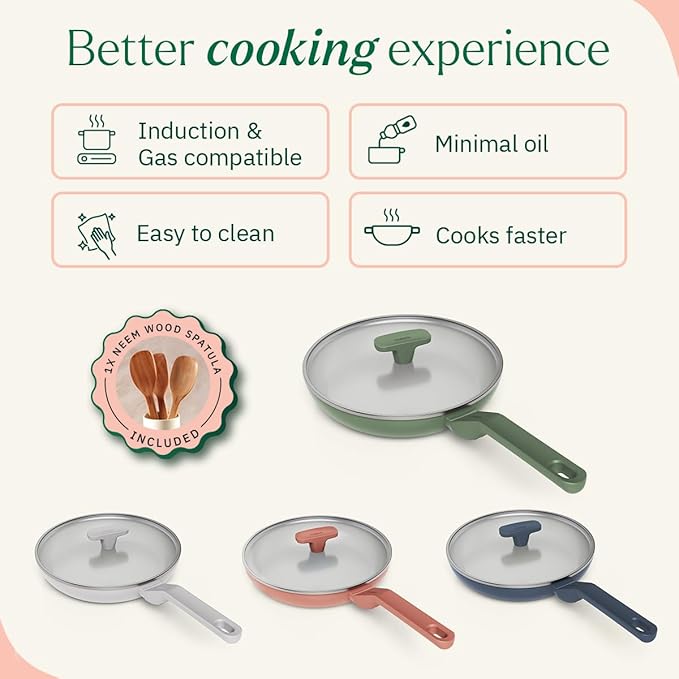 Ceramic Non-stick Egg Pan 20 cm, Glass Lid, Matching Handle,, Green