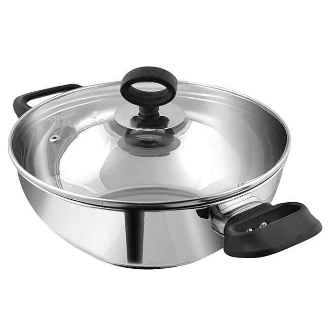 Stainless Steel Deluxe Kadhai with Glass Lid - 1.5 L, 20 cm, Extra Thick, SAS Bottom, Soft Handle
