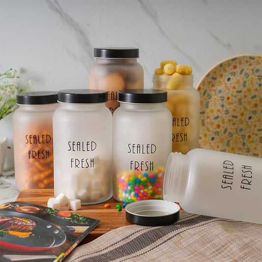 Kitchen Storage Jars Frosted Glass Jar With Steel Lid Air Tight Jar, 1500 ml, Pack of 6, Black Lid
