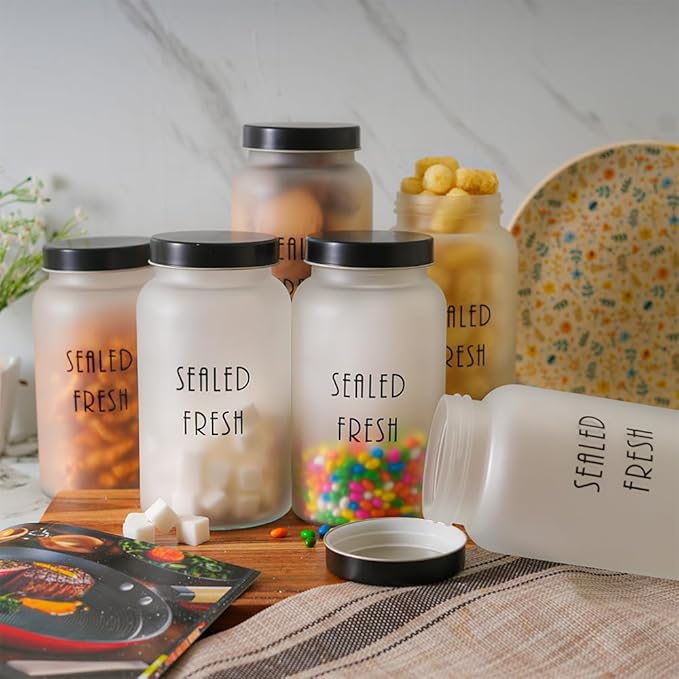Kitchen Storage Jars Frosted Glass Jar With Steel Lid Air Tight Jar, 1500 ml, Pack of 4, Black Lid