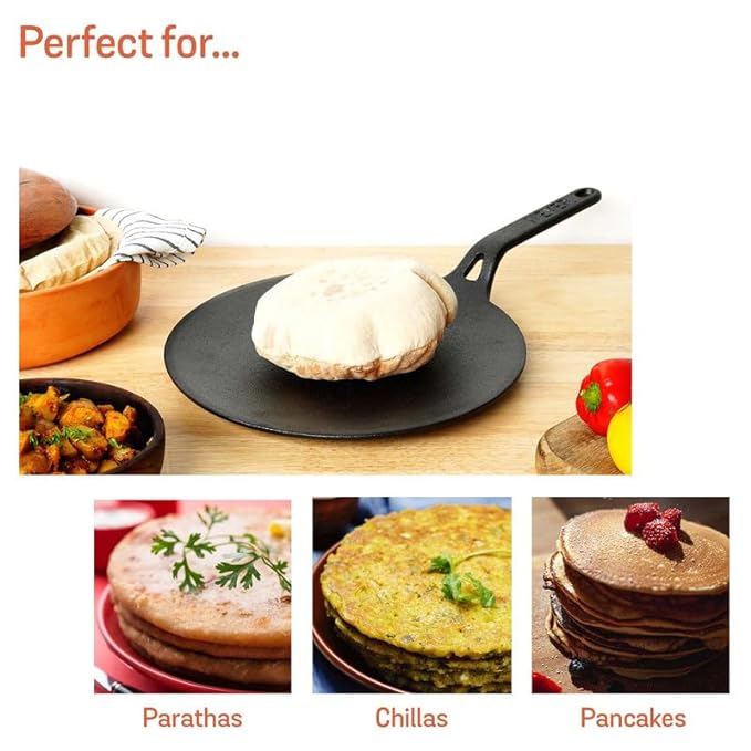 Pre-Seasoned Cast Iron Roti Tawa Pan with Stick Handle 26 cm Black