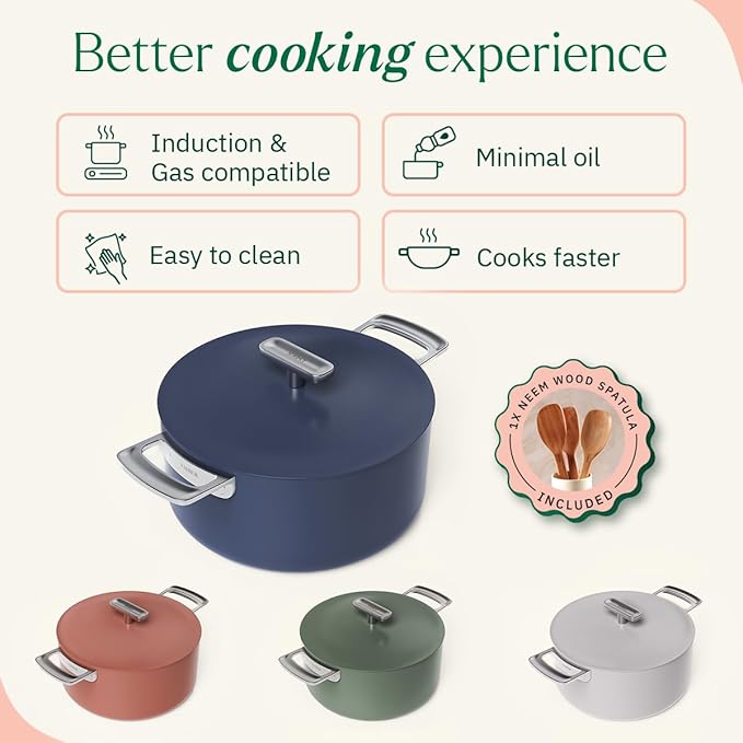 Ember Cookware Arcilla Ceramic Non Stick Dutch Oven 24cm | Metallic Lid | Stainless Steel Handles | Non Toxic Biryani Po