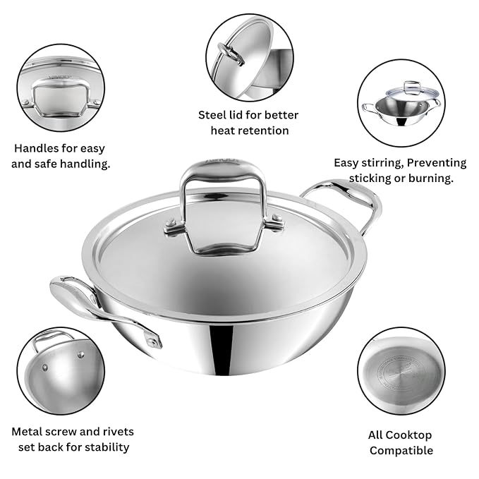 Triply Stainless Steel Kadai, 3.2 L, 24 cm, 2.5 mm Thick Extra Deep Kadhai With Lid for Cooking