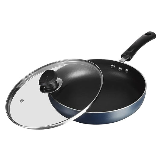 Aluminium Non Stick Deep Frypan with Glass Lid - 24 cm, 3 Layer Ceramic Coating, 3 mm Extra Thick