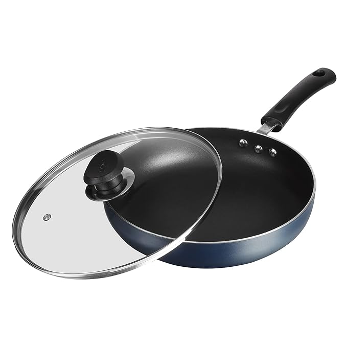 Aluminium Non Stick Deep Frypan with Glass Lid - 22 cm, 3 Layer Ceramic Coating, 3 mm Extra Thick
