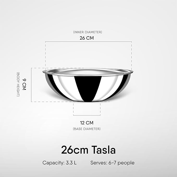 Triply Stainless Steel Tasla With Lid, Kadhai Without Handle, Induction & Gas Stove Compatible, 3.3 L