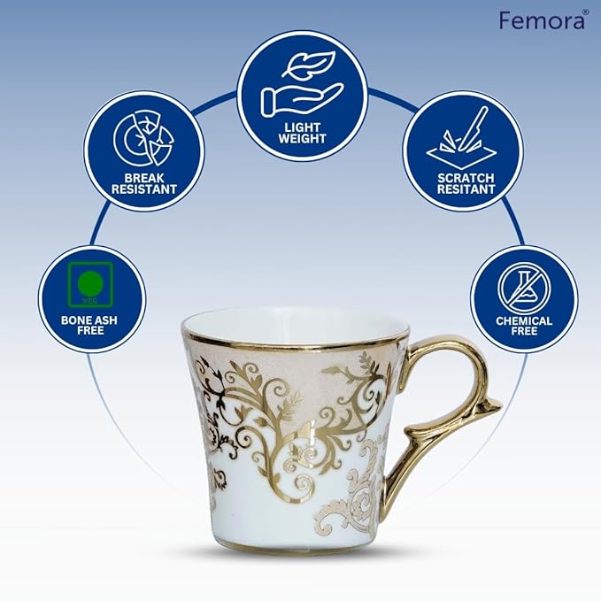 Premium Floral Gold Line Ceramic Coffee & Tea Cup Set of 6