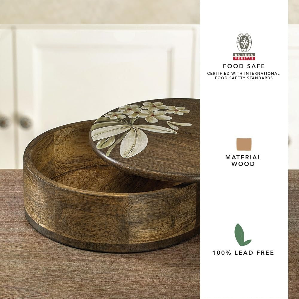 Wood Round Roti Box Casserole with Wooden Lid BPA Free Food Grade Kitchen Organizer