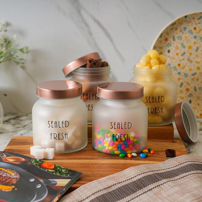 Kitchen Storage Jars Frosted Glass Jar With Steel Lid Air Tight Jar, 700 ml, Pack of 2, Golden Lid