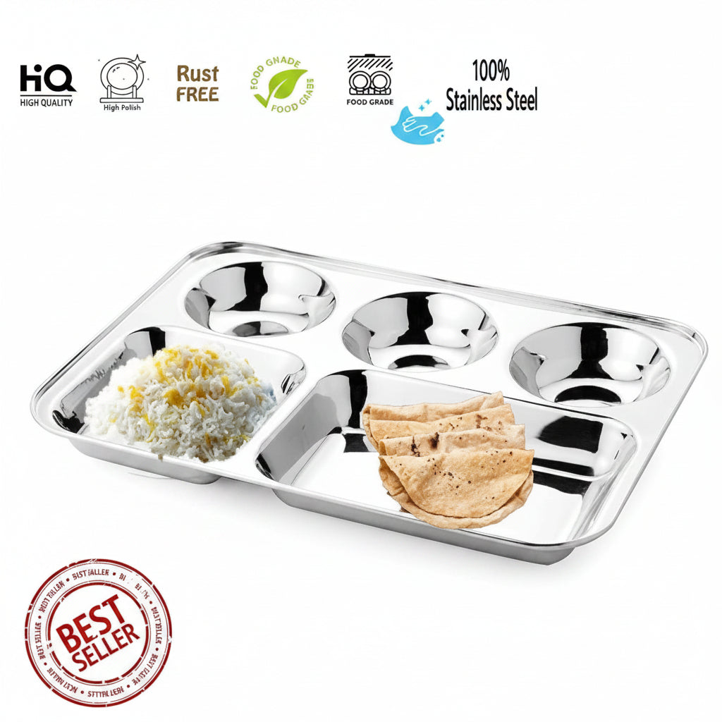 Stainless Steel Partition Plate 5 in 1 Bhojan Thali Compartment Dinner Plate - Set of 6