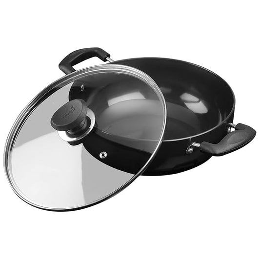 Hard Anodised Non Stick Deep Kadhai with Glass Lid - 4.1 L, 26 cm, 3.25 mm Thickness, kadai for Cooking