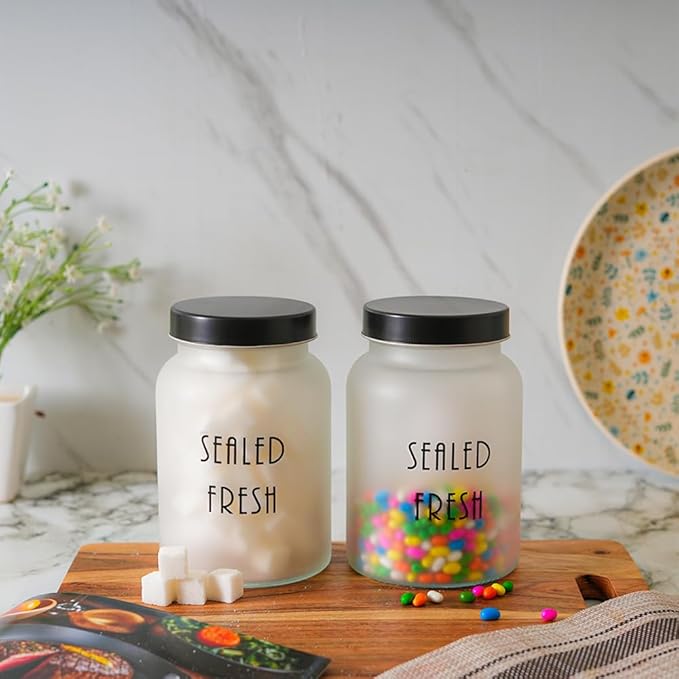 Kitchen Storage Jars Frosted Glass Jar With Steel Lid Air Tight Jar, 1000 ml, Pack of 2, Black Lid