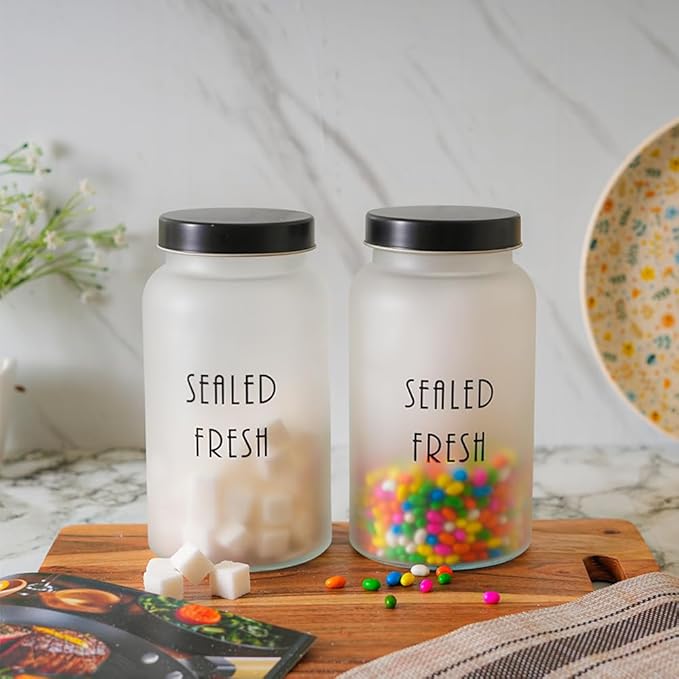 Kitchen Storage Jars Frosted Glass Jar With Steel Lid Air Tight Jar, 1500 ml, Pack of 2, Black Lid