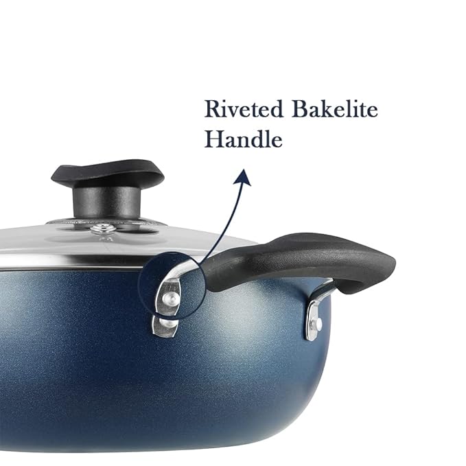 Aluminium Non Stick Deep Kadhai with Glass Lid - 1.4 L, 18 cm, 3 Layer Ceramic Coating, 3 mm Thick