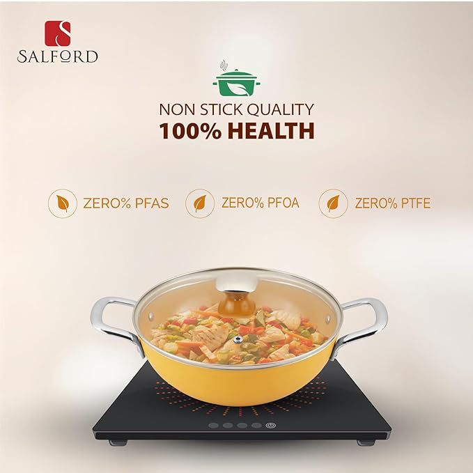 Forged Ceramic Non-stick Kadai With Glass Lid & Tubular Ss Handle, Mustard Yellow, 240 mm, 2.5 L