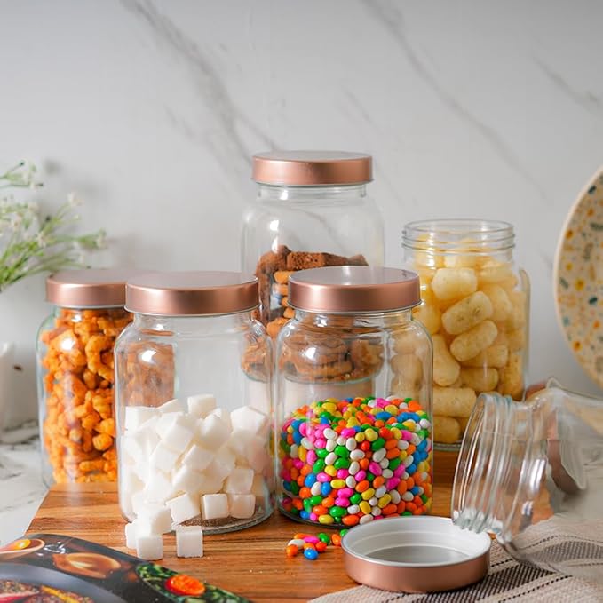Kitchen Storage Jars Clear Glass Jar With Steel Lid Air Tight Jar, 1000 ml, Pack of 1, Golden Lid
