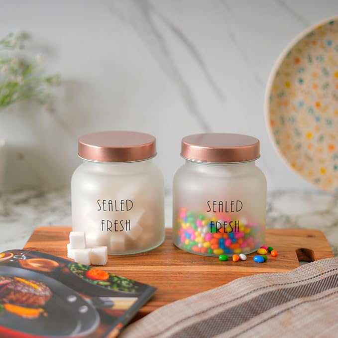 Kitchen Storage Jars Frosted Glass Jar With Steel Lid Air Tight Jar, 700 ml, Pack of 2, Golden Lid