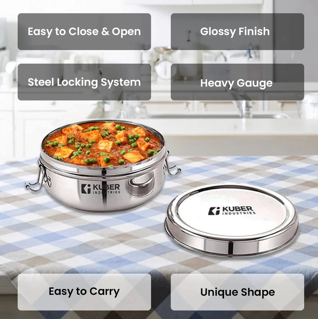 SS Food Pack Lunch Box, 250 ml, 1pc, Steel Separator Plate, Locking Clip