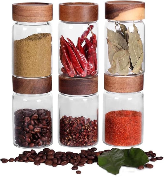 Kitchen Storage Jars Borosilicate Glass With Wooden Lid Air Tight Jar, 350 ml, Pack of 6, Transparent