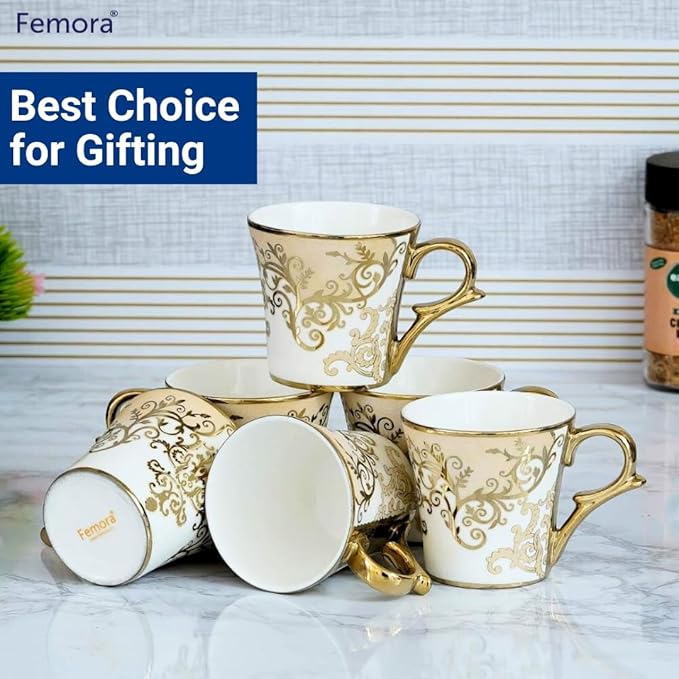 Premium Floral Gold Line Ceramic Coffee & Tea Cup Set of 6