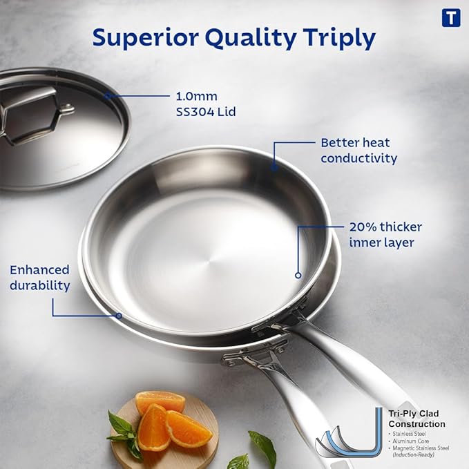Triply 26 cm Fry Pan with SS 304 Lid
