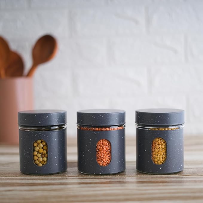 Carbon Steel Jar for Kitchen Storage With Clear Glass Window and Carbon Steel Lid, 300 ml, 3pc Set