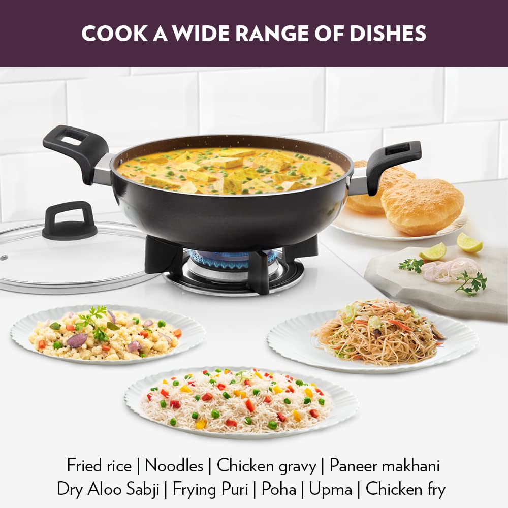 Non-Stick Kadhai with Glass Lid, Induction Friendly, Granite Finish, PFOA-Free, 26 cm Diameter