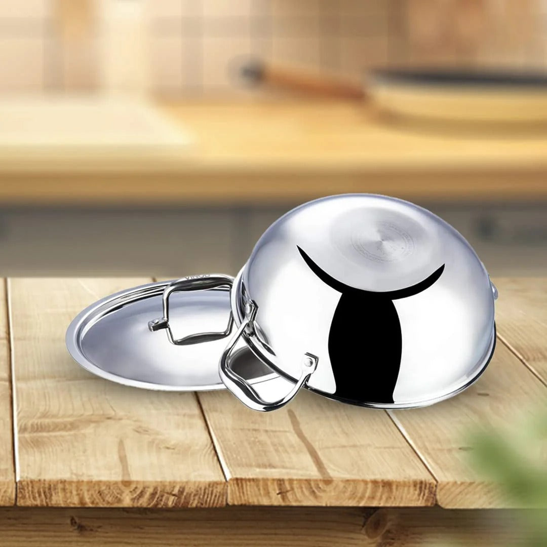Tri-Ply Stainless Steel Kadhai 1.6L with Lid Induction 20 cm Silver