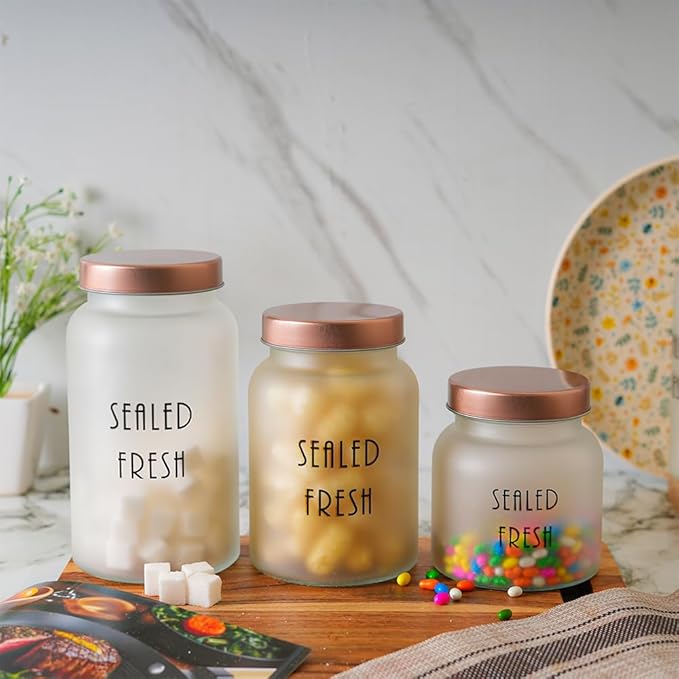 Kitchen Storage Jars Frosted Glass Jar With Steel Lid Air Tight Jar, 1000 ml, Pack of 6, Golden Lid