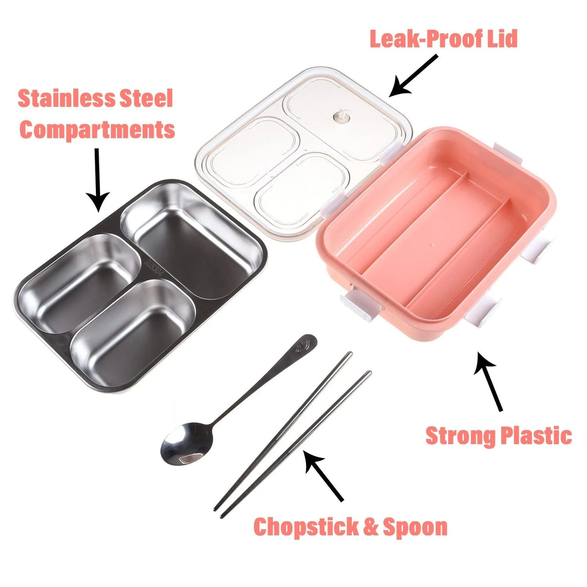 SS 3-Compartment Lunch Box, Chopstick & Spoon, Leak-Proof, Pink